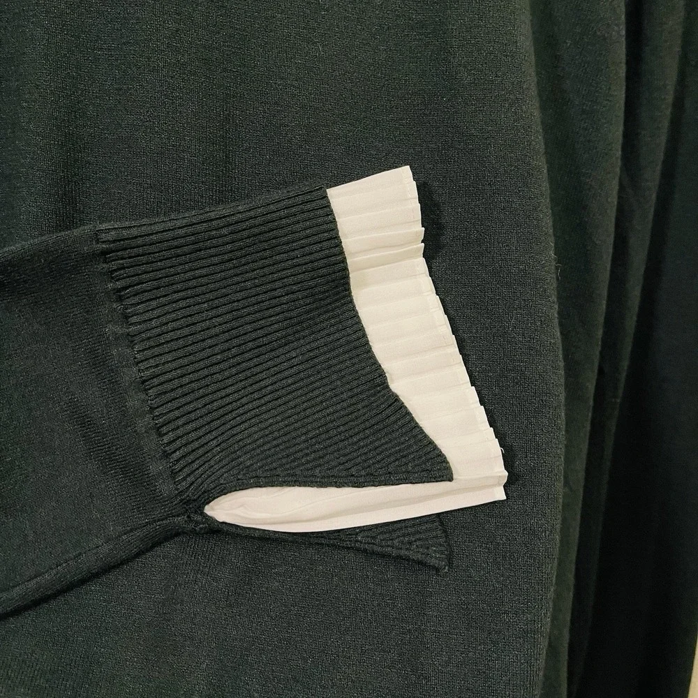 Vila Milano Green Knit Sweater‎ Pleated Mock Neck Cuffs Victorian Wool Blend XL